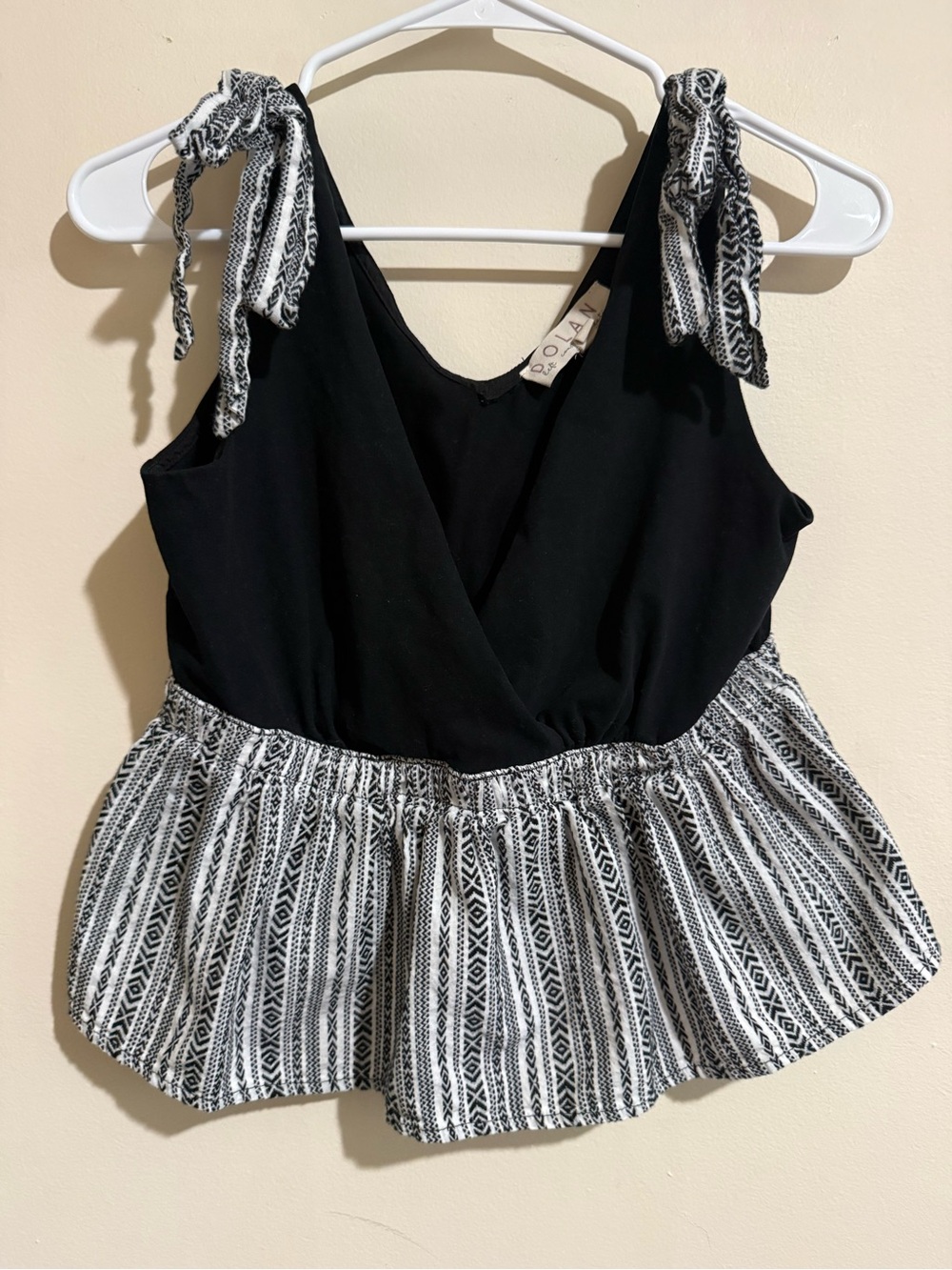 dolan Black V-Neck Tie-Shoulder Peplum Tank with Black & White Pattern